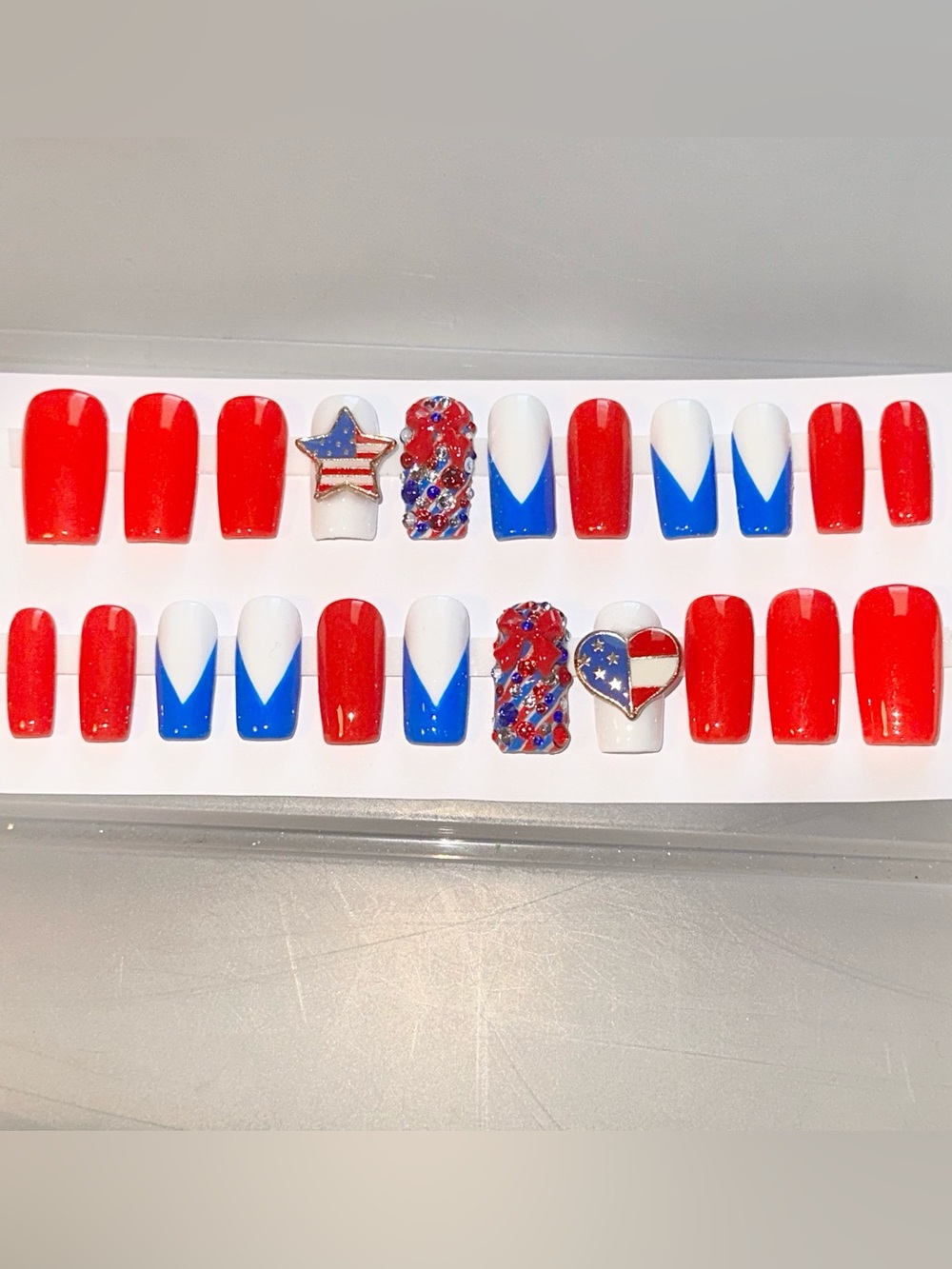 Handmade Custom Press On Nails Med Length Square July 4th Nails Red White Blue